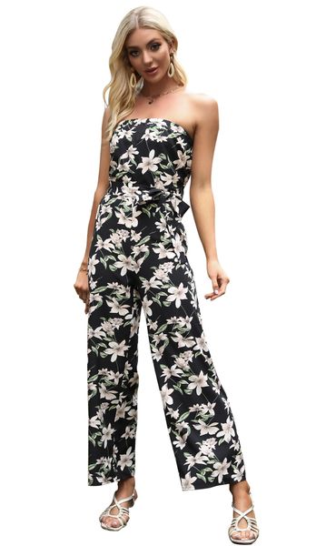 Women Strapless Tube Top Romper Off-Shoulder Floral Print Wide Leg Jumpsuit