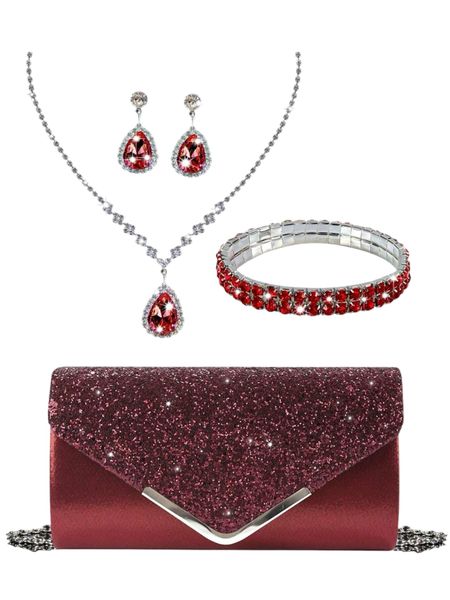 Women's Rhinestone Burgundy Evening Clutch, Set 4 Rhinestone Jewellery Set,