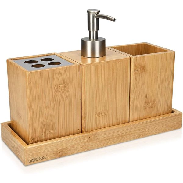 Heartdeco Bamboo Bathroom Accessories Set Soap Dispenser Organizer