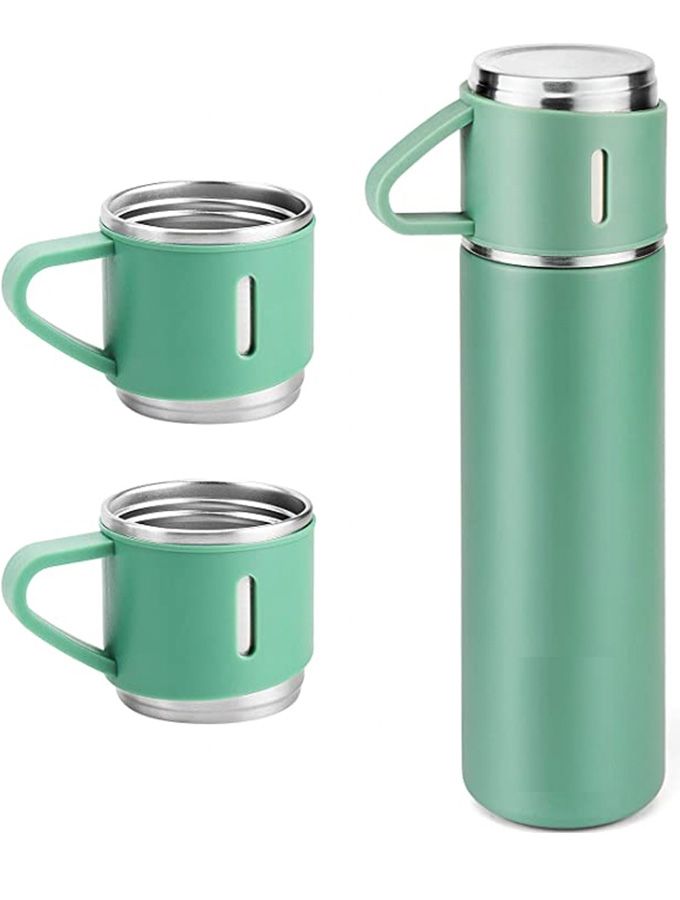 Stainless Steel Thermo Vacuum Insulated Flask Bottle with CupsGreen