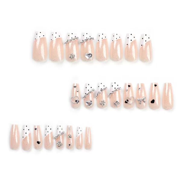 Short Press on Nails Fake Nails Black Dot Glitter Designs White Ribbon