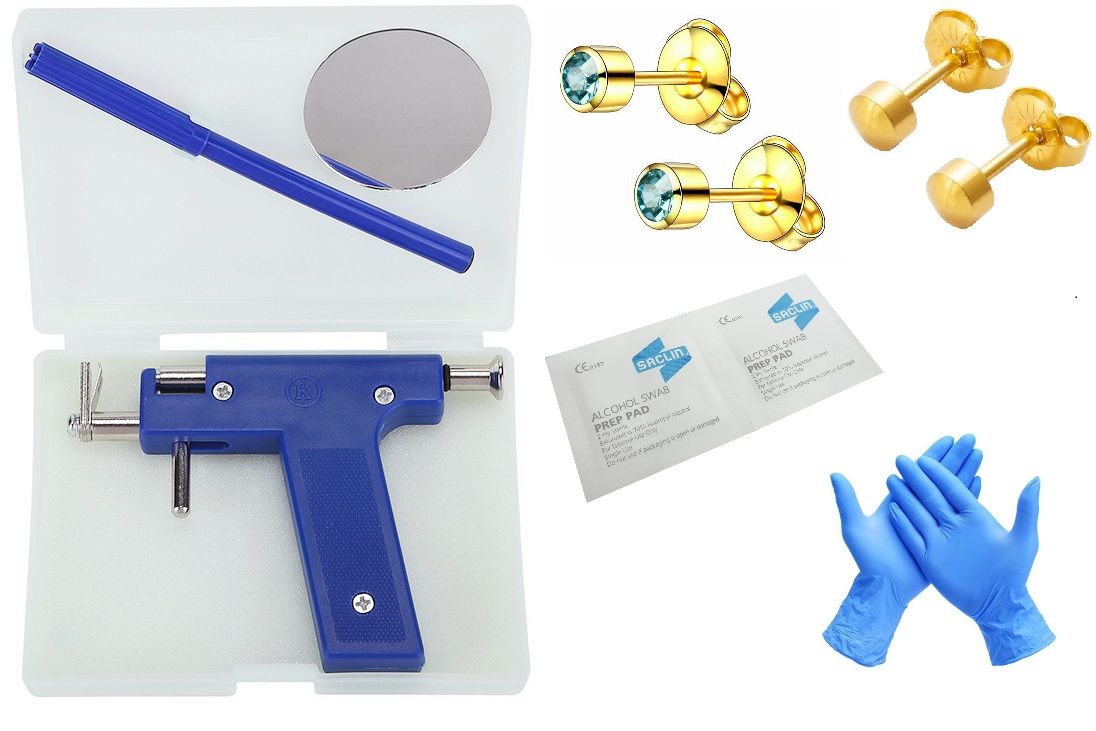 Full Ear Piercing Kit/Nose/Body/Navel 24kt Gold Plated Aqua Colour Gem