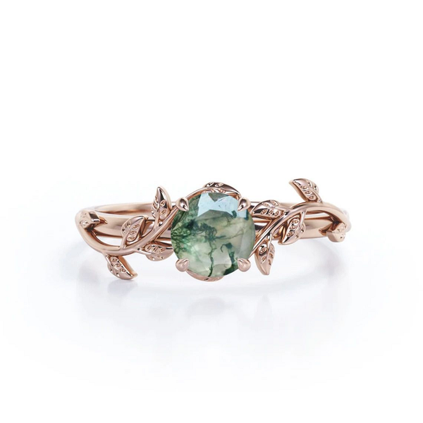 Moss Green Agate Leaf Solitaire Ring- 0.80ct - Silver