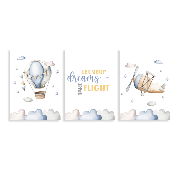 Nursery Wall Art - Dreams Take Flight - Canvas Set of 3x A3