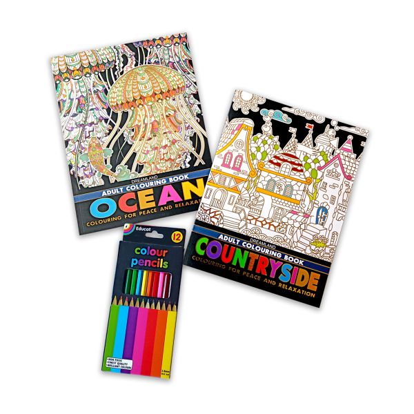 Educat Adult Colouring Books &amp; Pencils Pack 4