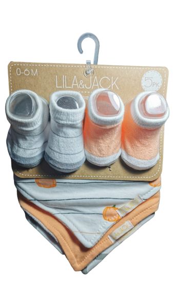 5 Pack Bandana Bib and Sock Set in Orange, Grey &amp; White - 0-6 months