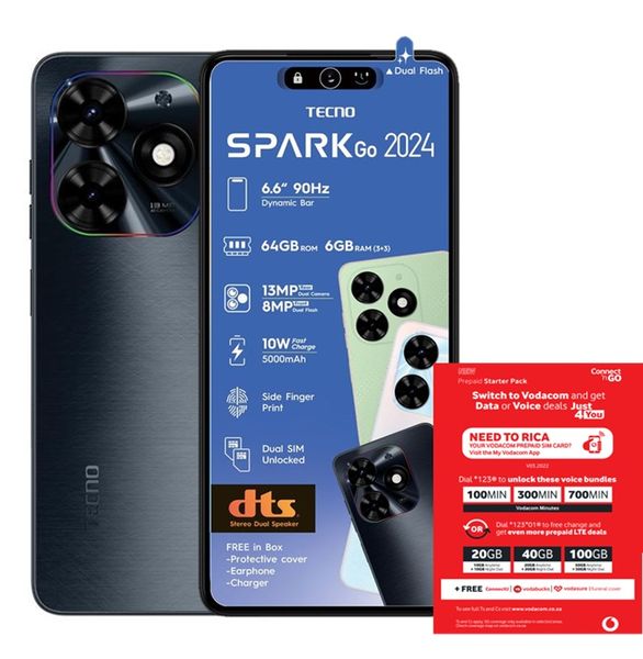 TECNO Spark Go 2024 LTE Dual Sim - Gravity Black + Vodacom SIM Card Pack