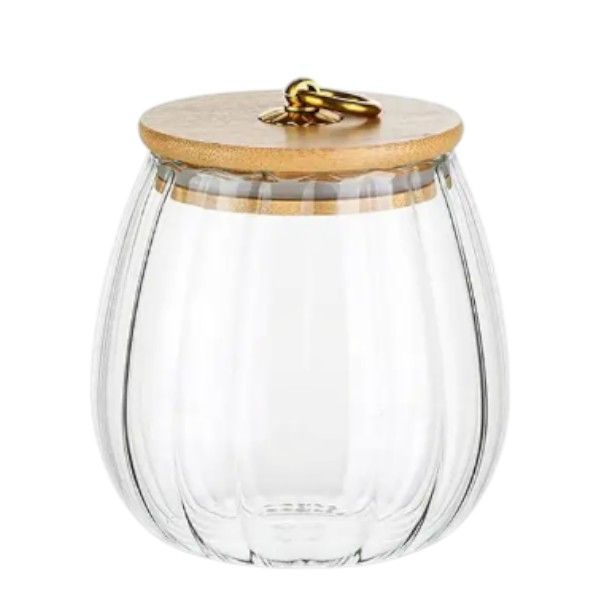 Glass Storage Jar with Wooden Lid &amp; Golden Ring Handle - Transparent