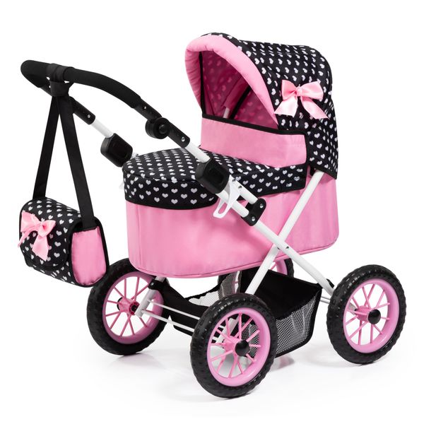 Bayer Trendy Dolls Pram (Black/Pink/Hearts) with Shoulder Bag - 68cm Tall