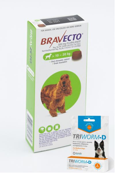 Bravecto Chew Tick &amp; Flea Tablet Medium (10-20kg) &amp; Triworm Dewormer (20kg)