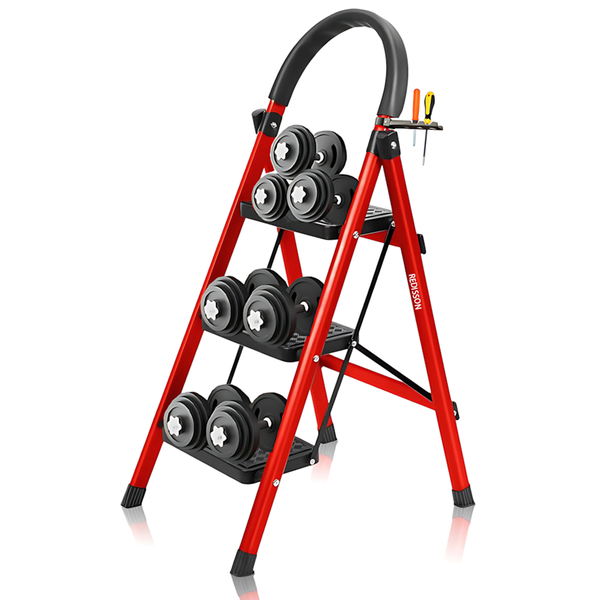 Round Headed 3 Step Ladder,Folding Step Stool,with Safety Buckle Tool Rack