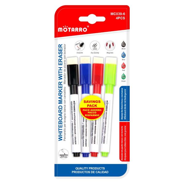 MOTARRO 4Pcs Magnetic Whiteboard Markers with Eraser (Fine Tip)