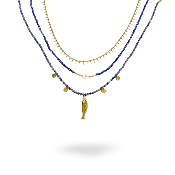 Boho Blue and Golden Fish Pendant Necklace Stack