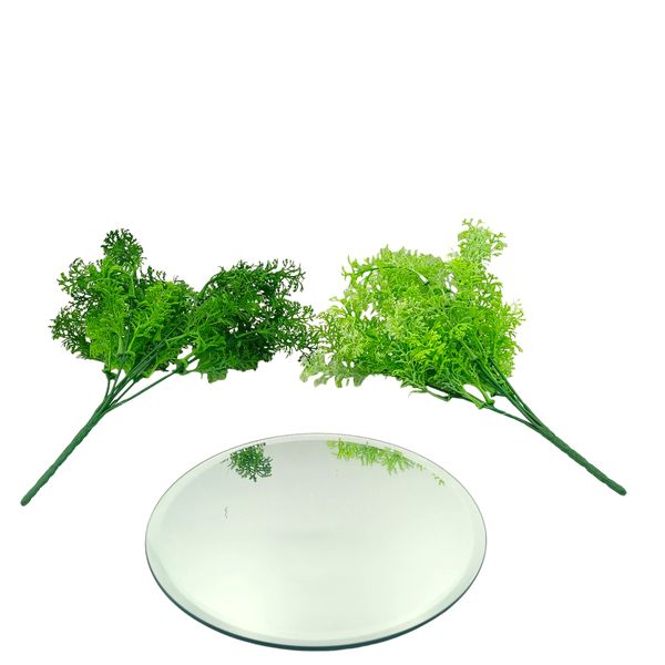 2 Branches Artificial Green Moss and Beveled Round Mirror