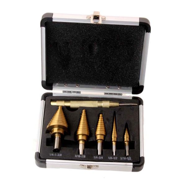 HSS Step Drill Bit Set 5pc Ti Coated Triangular Shank with Center Punch