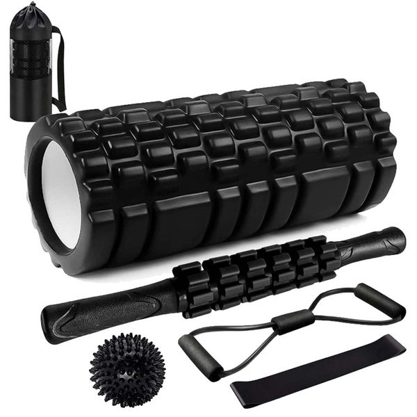 6 in 1 Fitness Pilates Foam Roller Set for Tissue Muscle Massage - Black