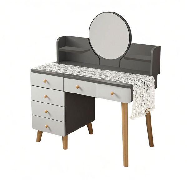 Modern 6-Drawer Vanity Table with Mirror &amp; Cotton Table Runner