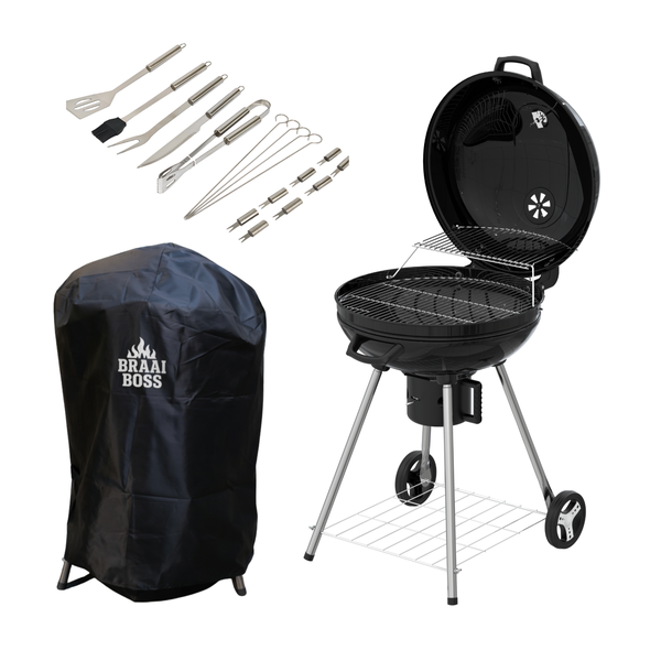 BraaiBoss 57cm Charcoal Kettle Braai - Hinged Lid, Cover &amp; Braai Tool Set