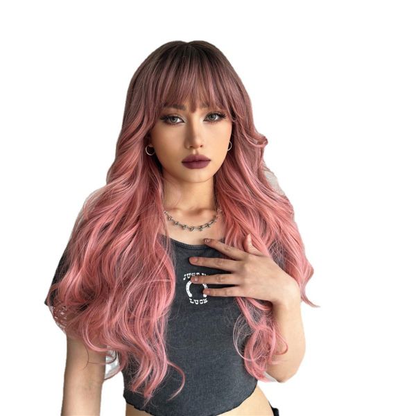 Black pink gradient long roll fluffy big wave wig with bangs