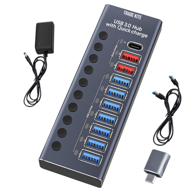 Trade Kite 60W (12V/5A) Active USB Hub - 10 Active Ports Aluminium Housing