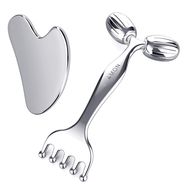 Stainless Steel Gua Sha &amp; Dual-Ended Face Roller Head Massage Set