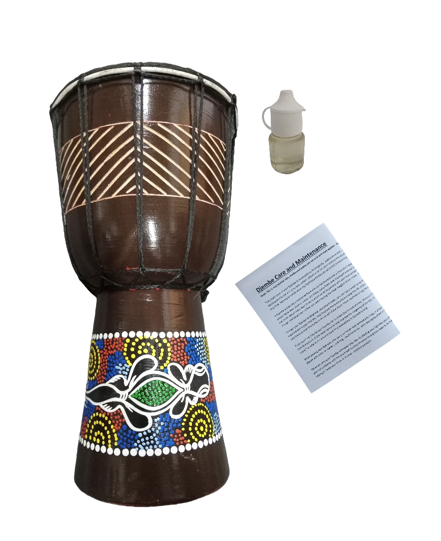 Djembe Drum Dark Carved Gecko Sun Dots -Treatment Oil - Care Manual - 30cm