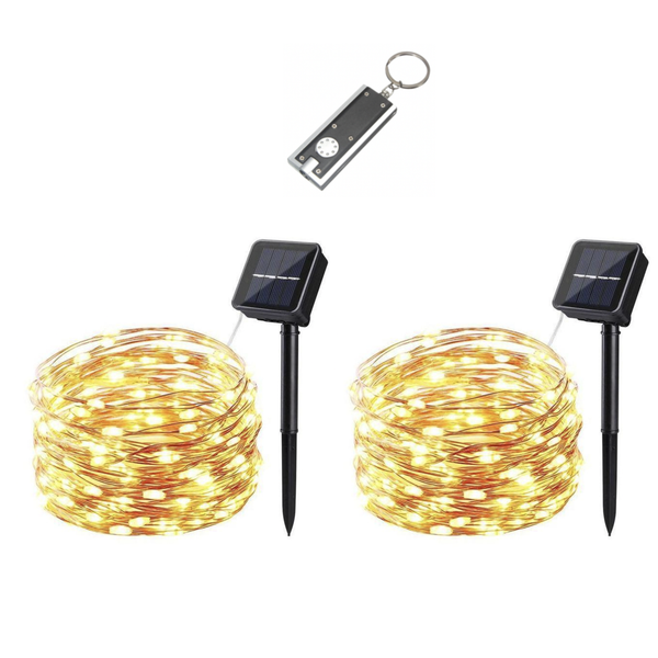 10M Solar Powered Copper LED Fairy Lights + LED Keyring Torch - 2 Pack