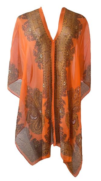 Ladies Kaftan Satin Silk Floral - Orange / Multi-Colour