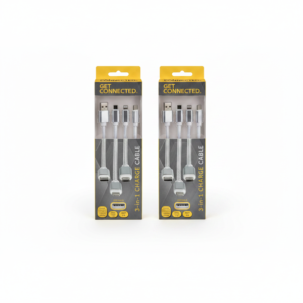Get Connected USB Cable 3-In-1 2.0 Amp 1m for Charging and Data - 2 Pack