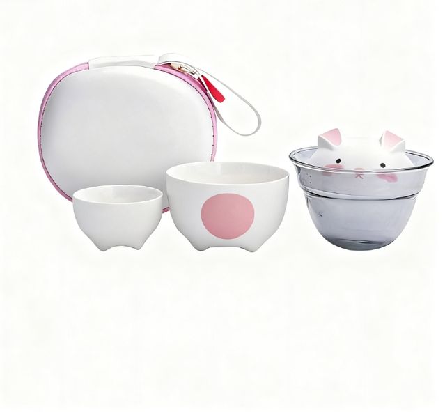 Lucky Rabbit Travel Tea Set - Peach Pink and White - One Pot and Two Cups