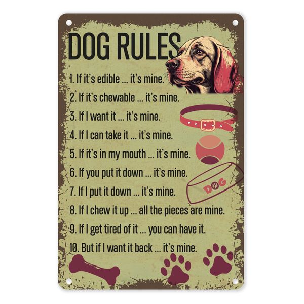 A4 Metal /Tin Poster - Dog Rules (Funny Pet Wall Décor)