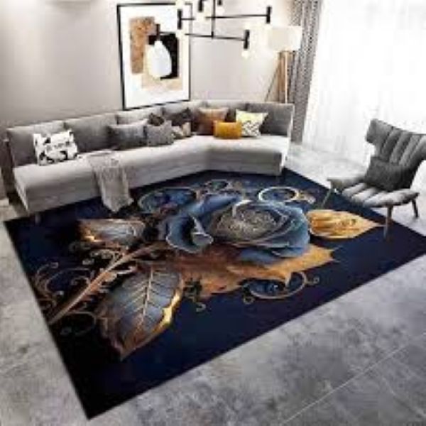 Modern Design Area Carpet 200Lx150W- Black &amp; Blue Gold Rose