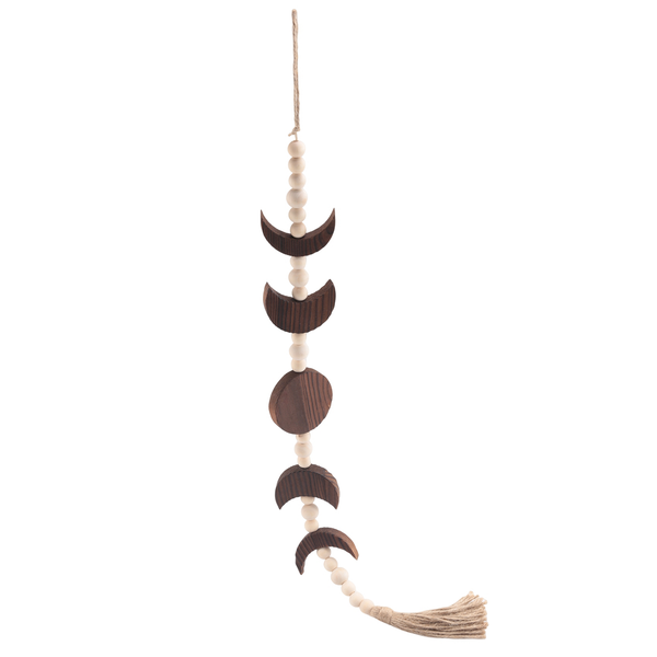 Wood Moon Phase Wall Hanging Boho Farmhouse Beaded Moon Garland Brown