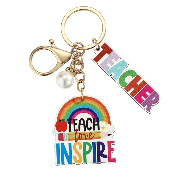 Rainbow Pencil Design With Pearl Teacher Appreciation Keychain - Multicolor