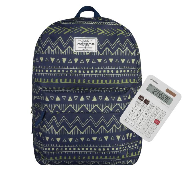 Volkano Diva Series Backpack - Navy Aztec and Calculator bundle.
