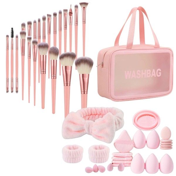 47 Pieces - Makeup Brush &amp; Beauty Tool Set With Storage Bag - Rose Gold