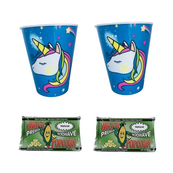 2 Unicorn Popcorn Buckets Blue &amp; 2 Microwave Popcorn Natural, Salt &amp; Vinegar