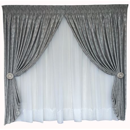 Budget Curtain Set 5m Galaxy Grey 5m White Crush Cornelly Voile Image