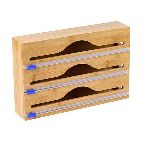 3-in-1 Bamboo Food Wrap Dispenser Wax Wrap Organizer with Cutters