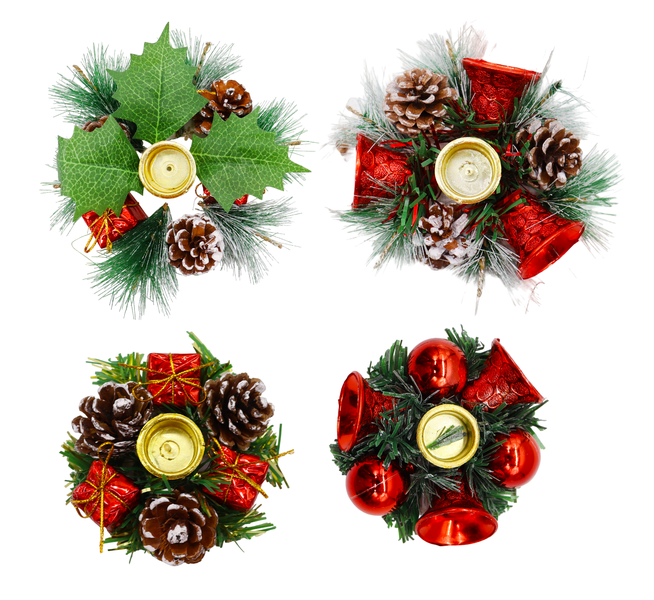 Set 4 Mini Decorative Christmas Candle Holder/ Outdoor Pine/Bell Trimmings