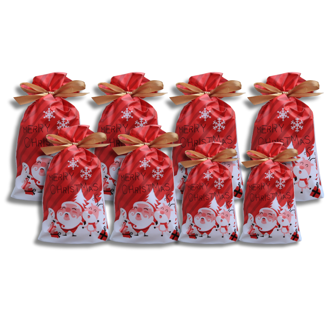 8pcs Assorted Sizes Christmas Gift Bags with Drawstring Red Merry Christmas