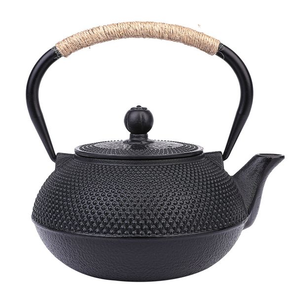 Classic Cast Iron Textured Teapot with Wooden Handle Grip