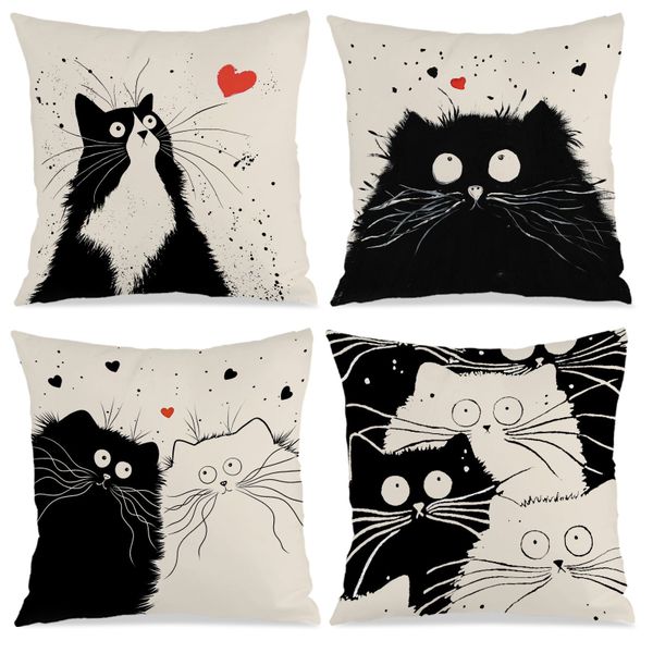 Set of 4 Minimalist Cat Pattern Cushion Cover, 45x45cm Throw Pillow Case