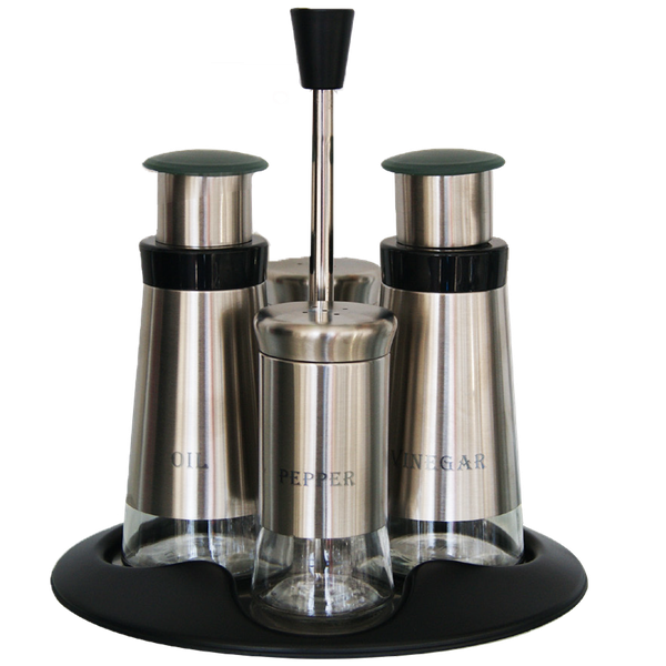 5 Piece Salad Dressing Set -Broad Glass &amp; Polished Steel, Shakers &amp; Dispensers