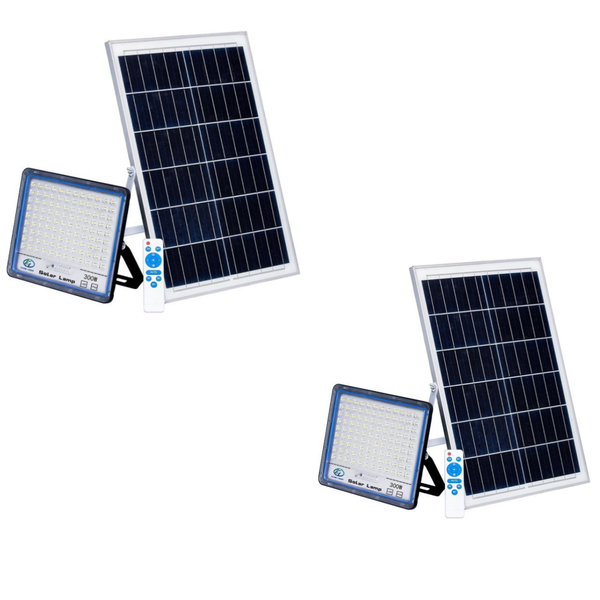 300W LED Solar Flood Lamp with Solar Panel &amp; Smart Remote - 2 Pack