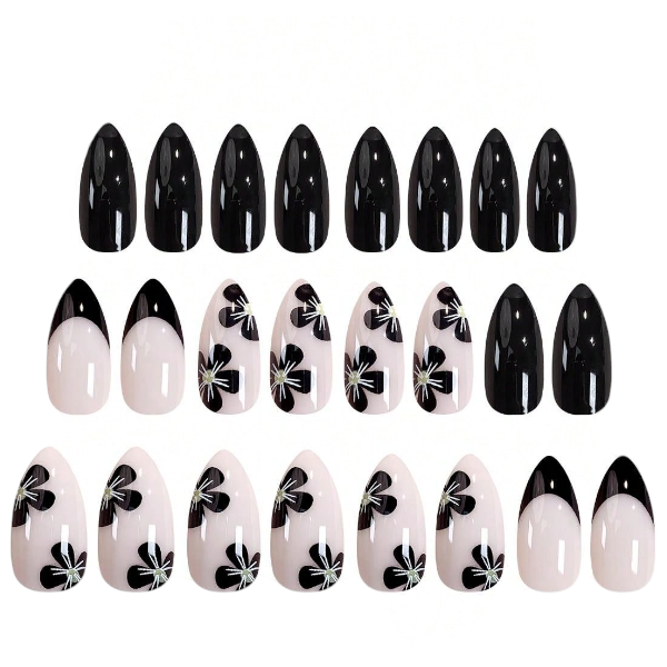 24pcs Almond Shape Glossy Black Floral Design Press-On Nails - Black