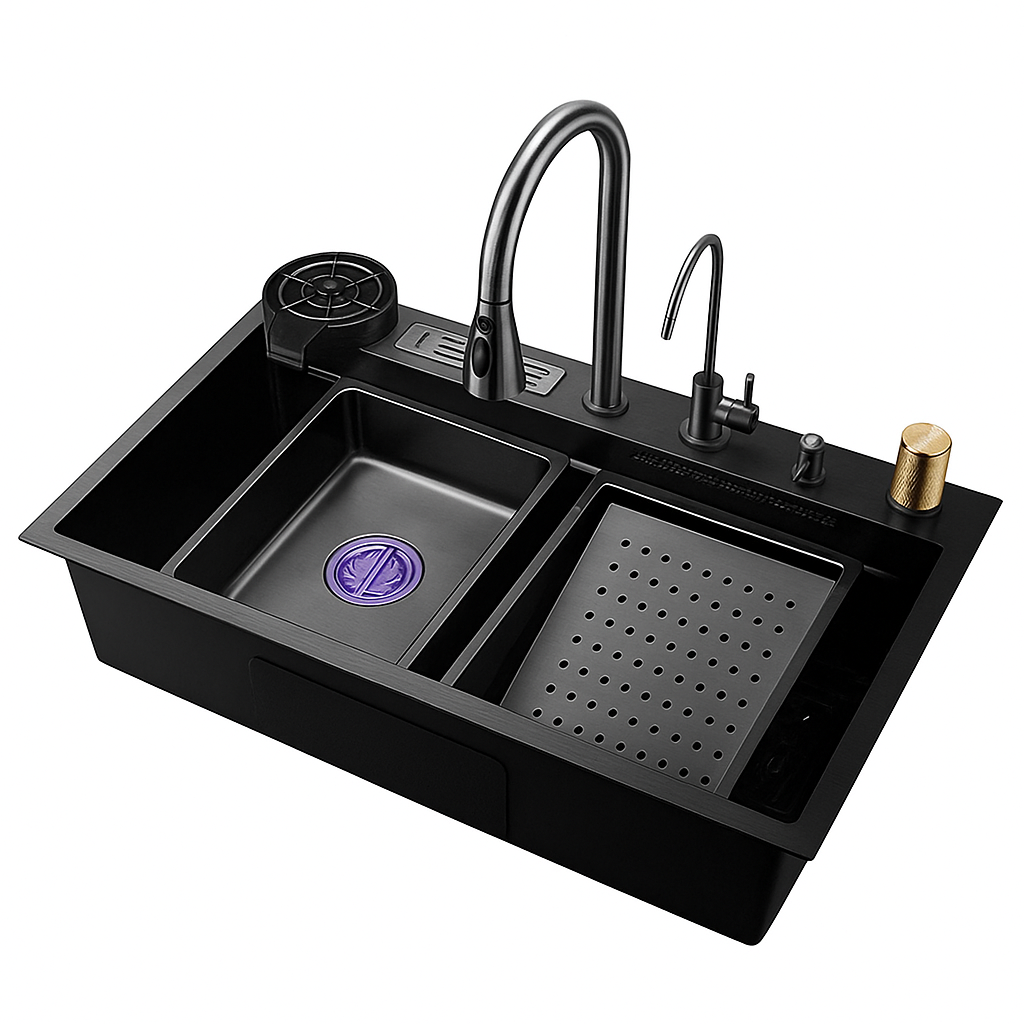 75cm 304 Stainless Steel Kitchen Sink With Pull-Out Faucet And Cup Washer