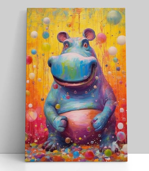 Happy Hippo, Ready-To-Hang Wall Canvas Decor, 40 x 60cm (A2+)