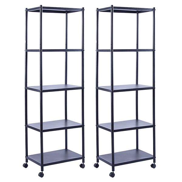5-Tier Storage Shelf Adjustable Rolling Metal Rack Set of 2 - Black