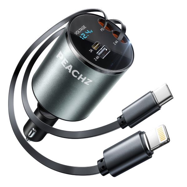 Peachz- 4 in1 Retractable iPhone Car Charger Fast Charge Retractable Cables
